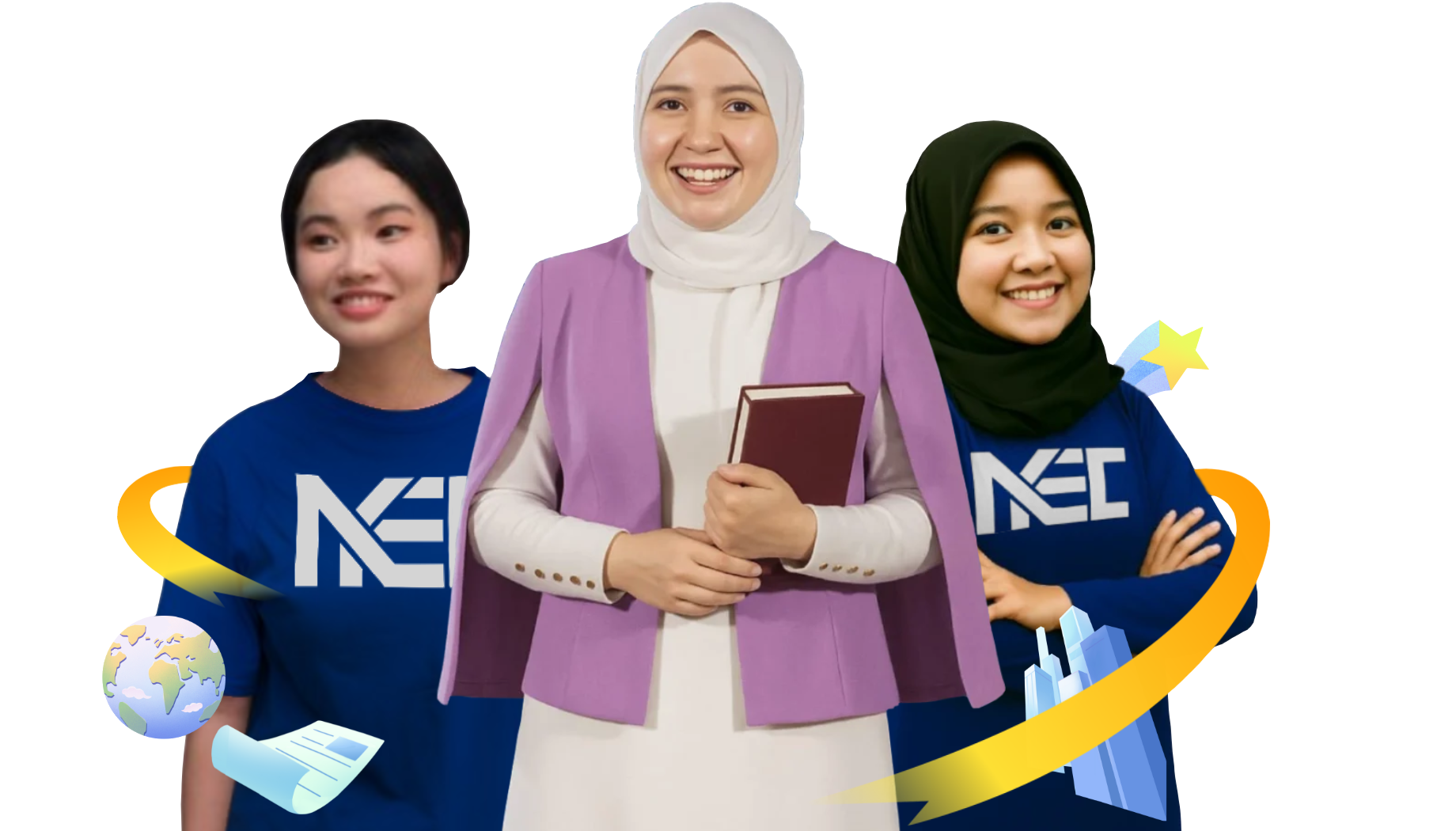 Brand ambassador NYEC Pare bersama 2 mentor di ruang kelas belajar bahasa Inggris percaya diri
